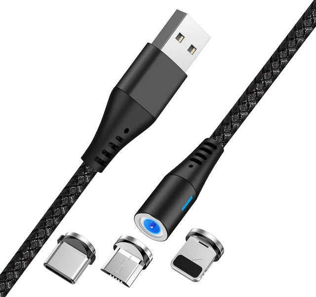 MaXlife MXUC-02 Magnetisches 3in1 USB-A Ladekabel mit Lightning, Micro-USB und USB-C, 18W, 1m, Schwarz - Bild 1
