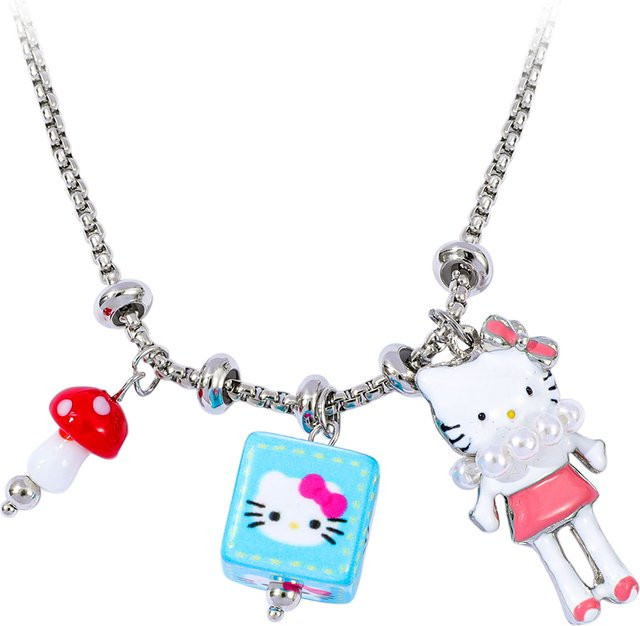 Bandai Halskette mit Katzen-Anhänger, Pilz- und Quadrat-Charms, Silber, Kinder - Bild 1