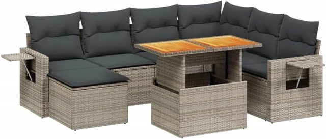 vidaXL 8-tlg. Garten-Sofagarnitur in L-Form aus Poly-Rattan und Akazienholz in Grau mit Kissen - Bild 1