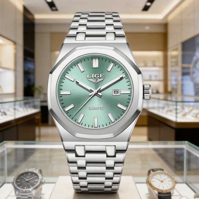 LIGE Armbanduhr Edelstahl, Quarz, Datum, Grün, Herren - Bild 1