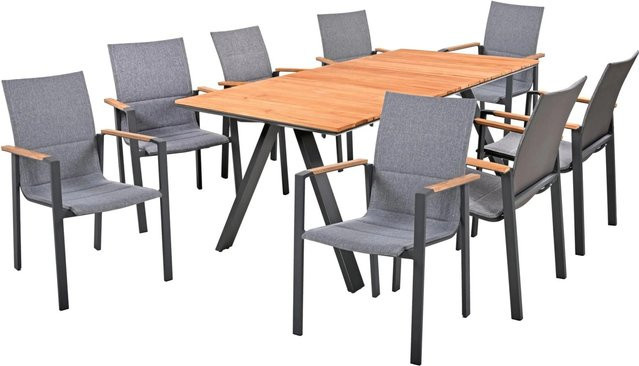 DELUKE Garten-Sitzgruppe FAYE 9-teilig aus Teakholz in Dunkelgrau mit Esstisch und Stapelstühlen - Bild 1