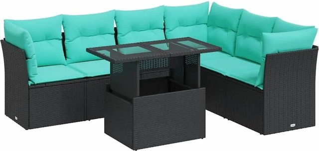 vidaXL 7-teilige Garten-Sofagarnitur in L-Form aus Poly-Rattan und Akazie mit Kissen und Stauraum, Schwarz - Bild 1