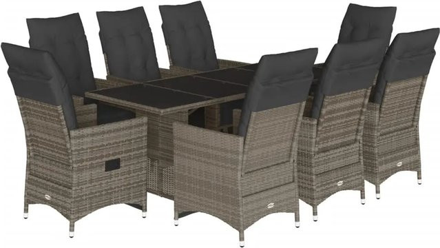 vidaXL 9-tlg Garten-Bistro-Set aus Poly Rattan in Grau mit Kissen und Hartglas-Tischplatte - Bild 1