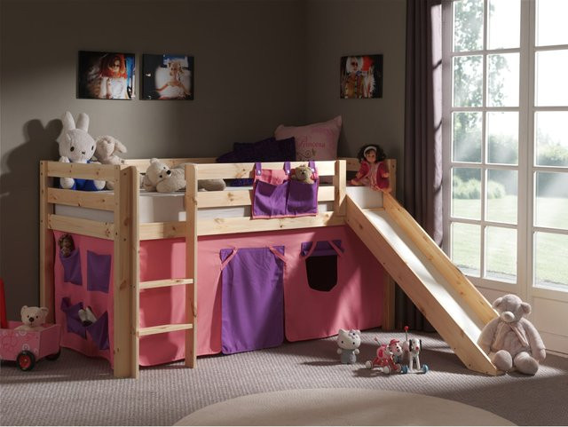 Vipack Spielbett Pino für Kinder aus massiver Kiefer mit Rutsche und Textilset Bella in Natur Braun lackiert - Bild 1