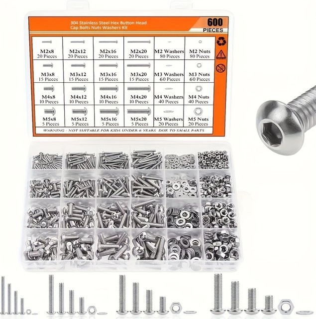 Zimir 600-teiliges Edelstahl-Hardware-Set in Silber mit M2, M3, M4, M5 Schrauben, Bolzen, Muttern und Unterlegscheiben - Bild 1
