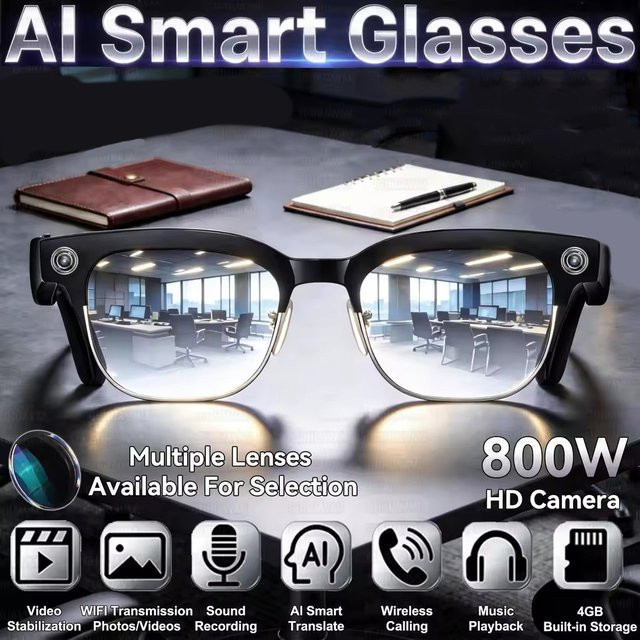 Smart-Brille yaocx mit 800W Kamera, HD-Videoaufnahme, Anti-Shake-Funktion, Sprachassistent, Musik und Bluetooth-Anruf in Schwarz oder Grau - Bild 1
