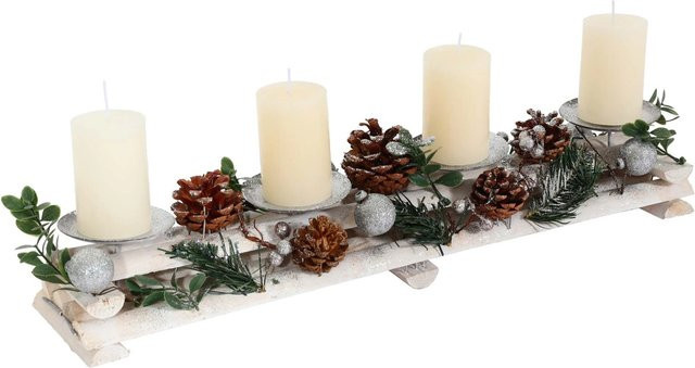MCW Adventsgesteck M12 mit Kerzen in Silber und Weiß, künstliches Tischgesteck für die Adventszeit - Bild 1