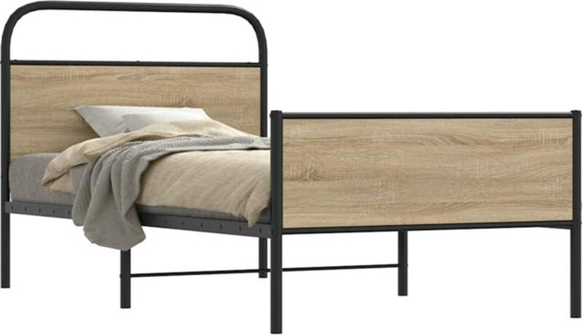 Bettgestell ohne Matratze von Vidaxl in Eiche Natur und Braun aus Holzwerkstoff und Stahl im Industrial-Stil, B/T: 100 x 200 cm - Bild 1