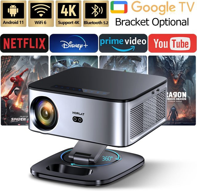 HORLAT T09MAX Google TV 4K Beamer mit 40000 Lumen, WiFi6 und Bluetooth 5.2, Autofokus, Native 1080P Full HD Home Theater Projektor in Silber - Bild 1