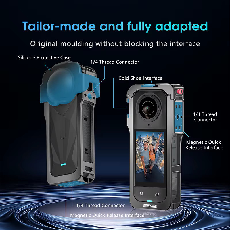 Insta360 X5 Schutzrahmen aus Aluminium-Metall in Schwarz mit abnehmbarer Silikon-Objektivkappe - Bild 4