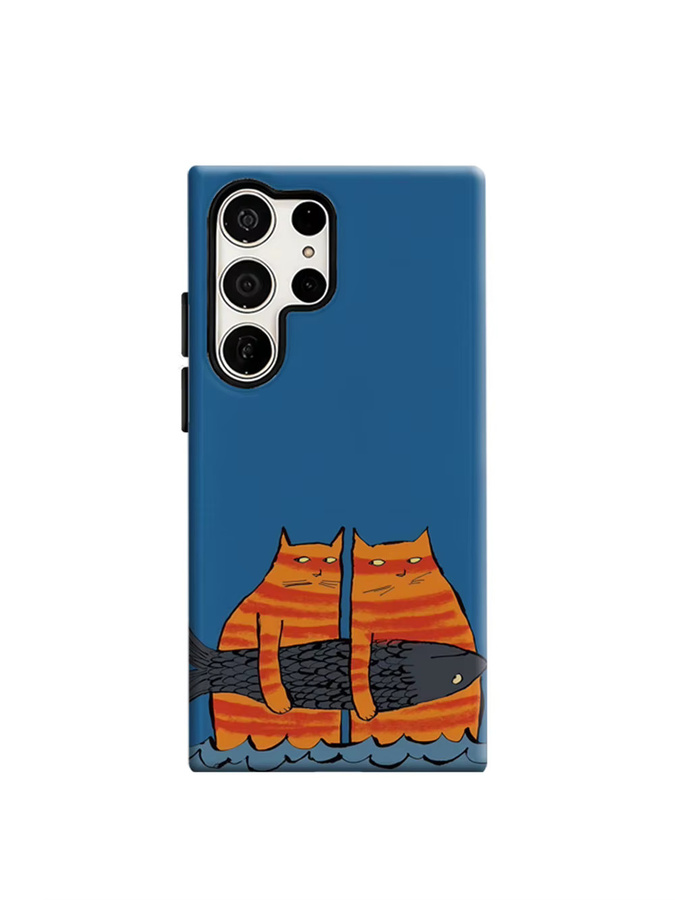 Aurbe Handyhülle für Samsung Galaxy S26 S25 S24 S23 Ultra Plus mit Twin Tabby Cats & Fish Design in Blau - Bild 6
