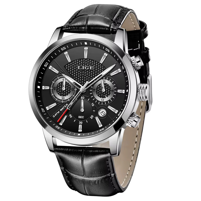 LIGE Armbanduhr Quarz, Leder, Schwarz, Herren, Wasserdicht - Bild 7