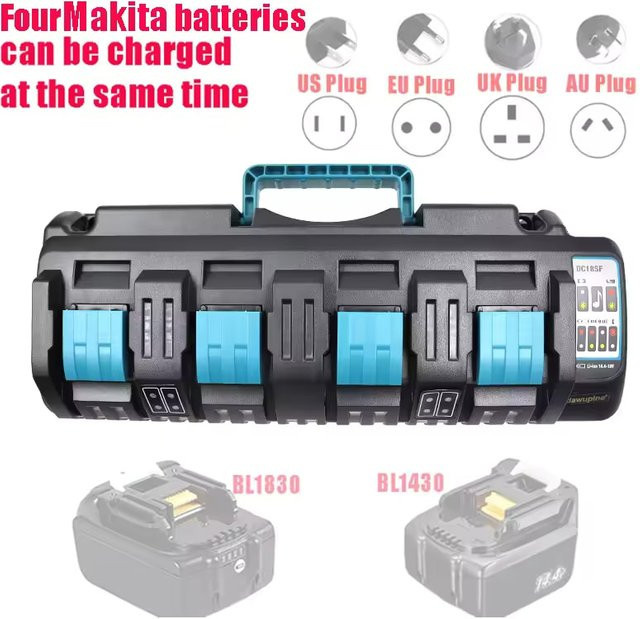 Makita 4-Port Akkuladegerät für LXT Lithium-Ionen 14,4V-18V mit Dual-USB-Anschluss Schwarz - Bild 1