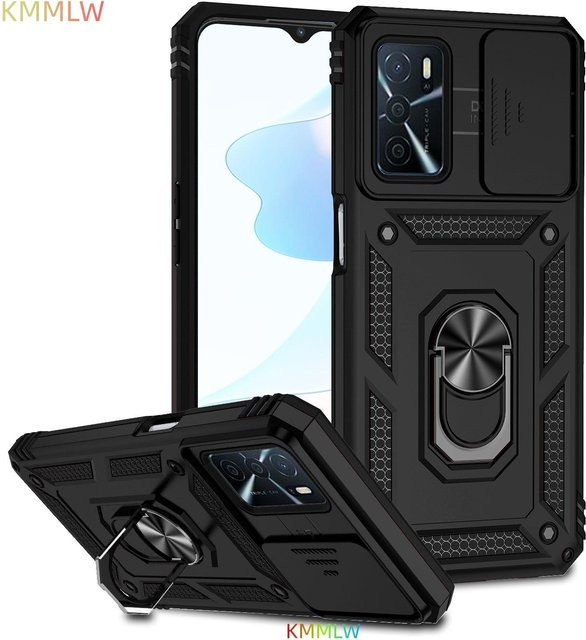 Stoßfeste Rüstungshülle für OPPO A16 A54 A55 A57 A74 A77 mit Ringhalter und Objektivschutz in Schwarz - Bild 1