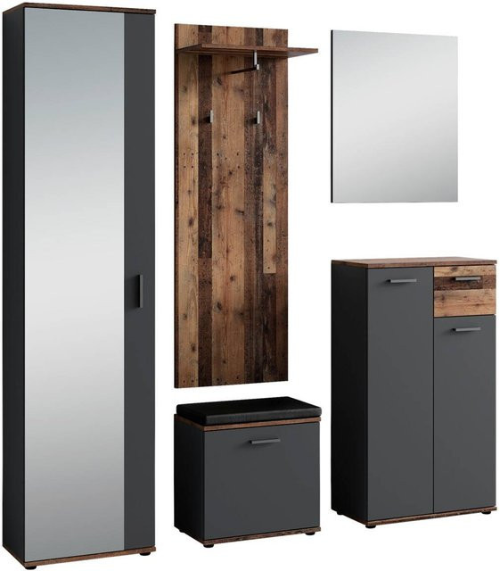 Garderobenset byLIVING JAKOB 5-teilig in Anthrazit mit Wandspiegel, Schuhkommode, Wandpaneel, Sitzbank und Hochschrank - Bild 1