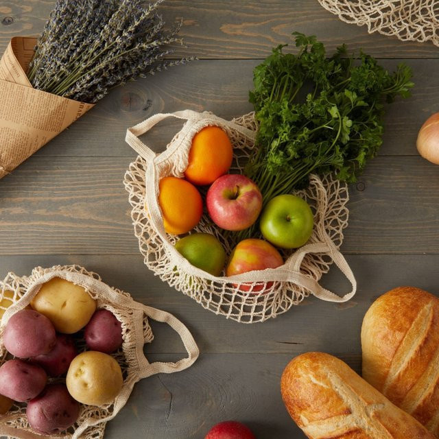 Faltbare Tragbare Einkaufstasche aus Baumwolle in Beige für Obst und Gemüse - Bild 1