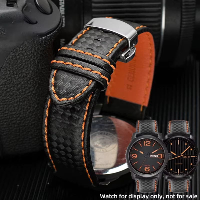 Fossil Uhrenarmband Leder, Kohlefaser, Schwarz, Orange, Rot, Unisex - Bild 1