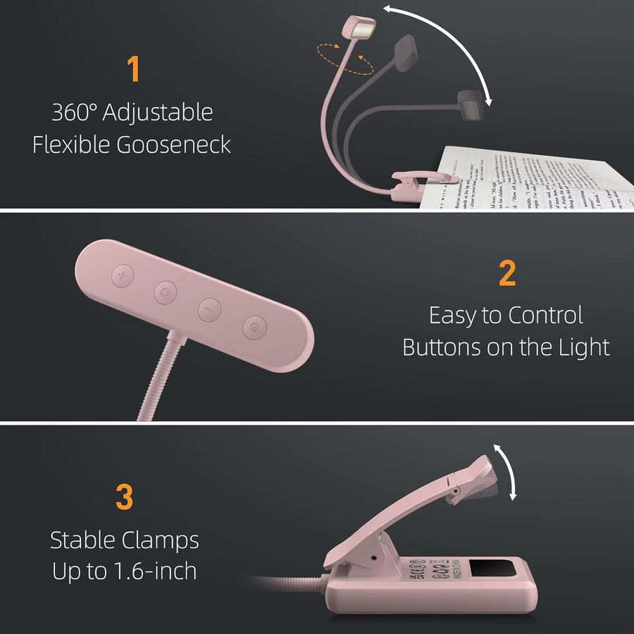 KEBINCPLED USB Buchlampe Rosa, wiederaufladbare LED Leselampe mit Clip und Touch-Steuerung, verstellbar mit Warmweiß, Kaltweiß und Tageslicht - Bild 4