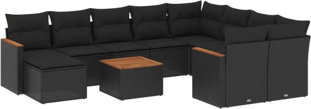 vidaXL 11-tlg. Garten-Sofagarnitur in L-Form aus Poly-Rattan und Akazienholz mit Kissen in Schwarz - Bild 1