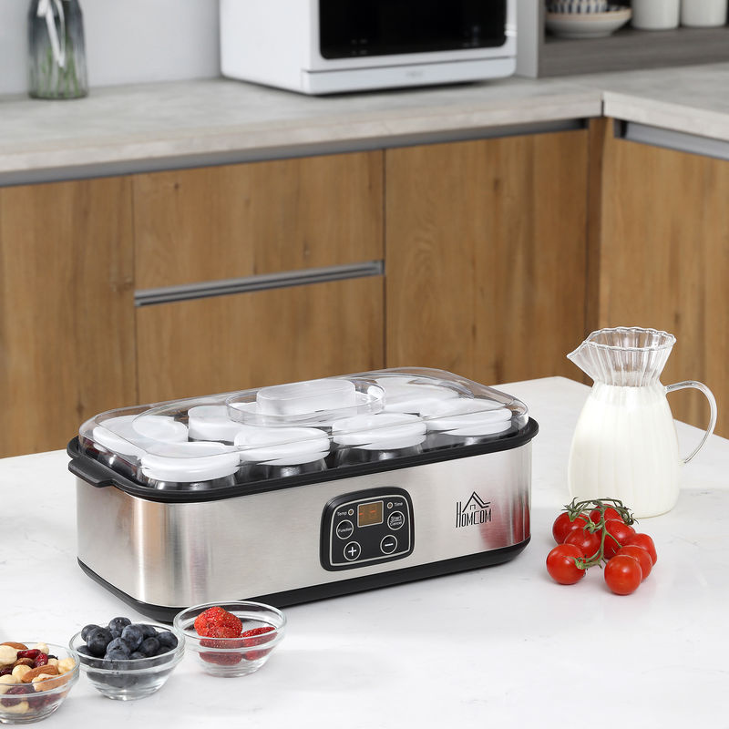 HOMCOM Joghurtbereiter mit LCD-Display und Timer, 25W, inklusive 8 Gläsern à 180ml mit Deckel, Farbe Silber/Transparent - Bild 2