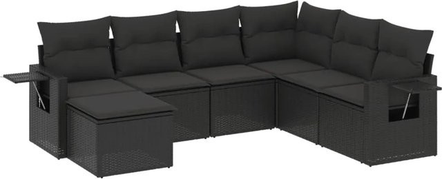 vidaXL 7-tlg. Garten-Sofagarnitur in L-Form aus schwarzem Poly-Rattan mit Kissen und pulverbeschichtetem Stahlgestell - Bild 1