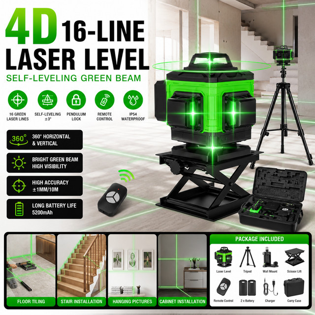 Avehrit 4D Grüner Laser-Nivellierer mit 16 Linien und 360 Grad, Selbstnivellierendes Hochpräzisions-Laserwerkzeug für Bau und Fliesenverlegung, USB-aufladbar - Bild 1