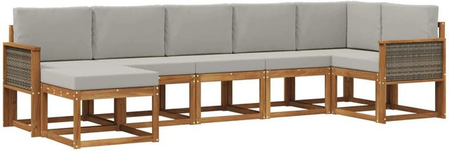 vidaXL Outdoor-Sofagarnitur aus Massivholz Akazie in L-Form, 7-teiliges Set mit hellgrauen UV-beständigen Polyester-Kissen, Natur und Hellgrau - Bild 1