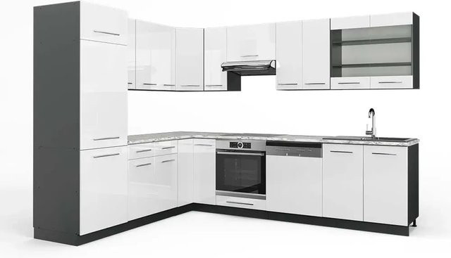 Vicco Fame-Line Eckküche in Weiß Hochglanz und Anthrazit mit Marmor-Optik, B/T/H: 227 x 82 x 287 cm - Bild 1