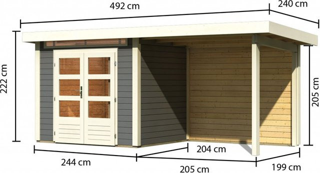 Gartenhaus aus Holz KANDERN 2 in Terragrau mit Flachdach und Anbaudach sowie Rückwand, B/T: 244 x 204 cm, Wandstärke: 28 mm - Bild 1