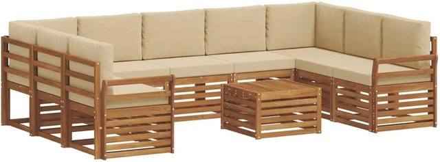 vidaXL Sofagarnitur 10-teilig aus Massivholz Akazie in Natur und Beige mit wetterfesten Kissen - Bild 1