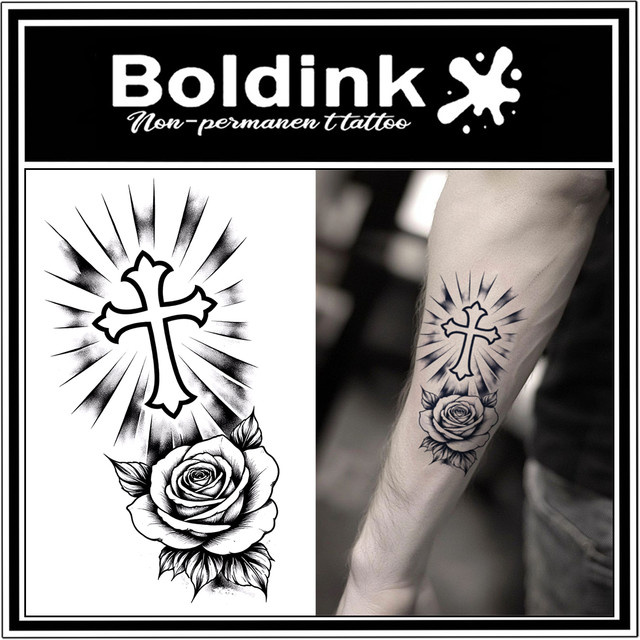 BOLDINK Tattoo-Aufkleber, Unisex, Retro Gothic Cross Rose - Bild 1