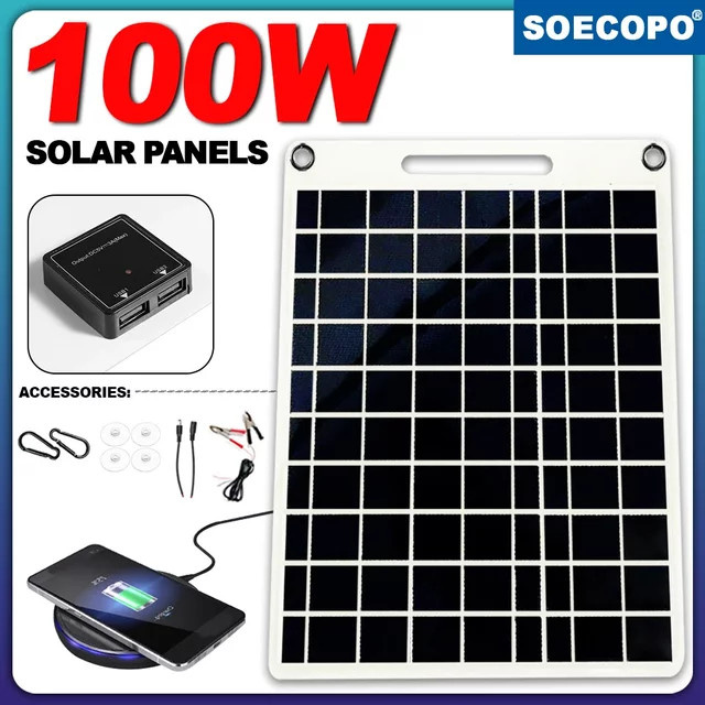 Tragbares 100 W Solarpanel Solargenerator mit Dual USB Anschlüssen in Schwarz für Outdoor Camping und Notfälle - Bild 1