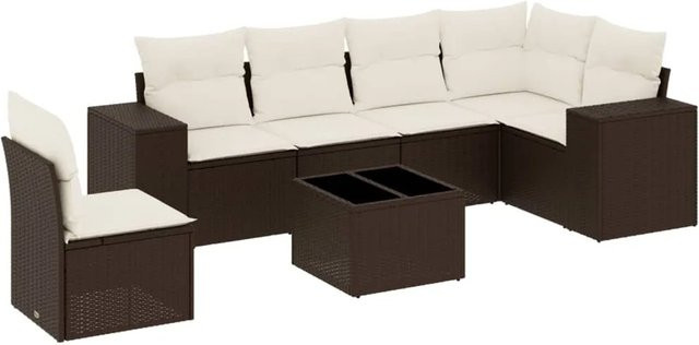 vidaXL 7-teilige Garten-Sitzgruppe in L-Form mit Kissen, Braun, Metallgestell und UV-beständigem Polyester - Bild 1
