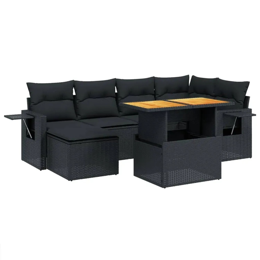 vidaXL 7-teilige Garten-Sofagarnitur in L-Form aus Polyrattan und Akazienholz mit Kissen, Schwarz - Bild 2