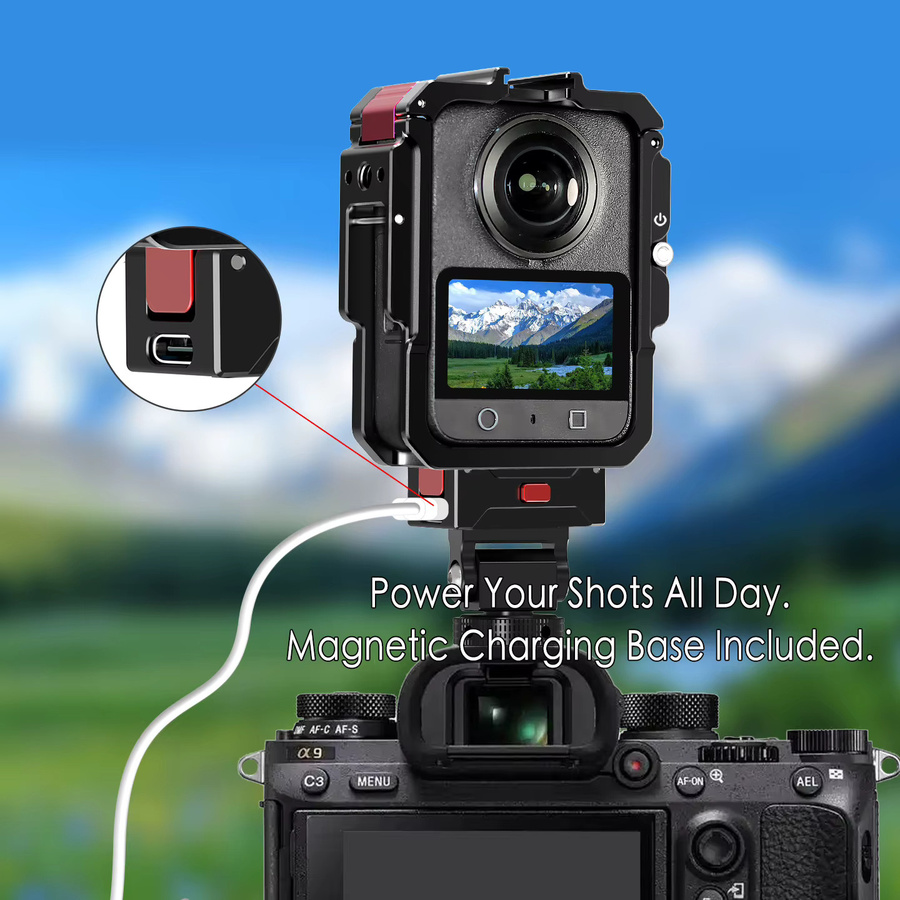 DJI OSMO 360 Kamerakäfig aus Aluminium in Schwarz mit magnetischer Schnellmontage und Kaltschuh für Vlog, Motorrad und Reiten - Bild 6