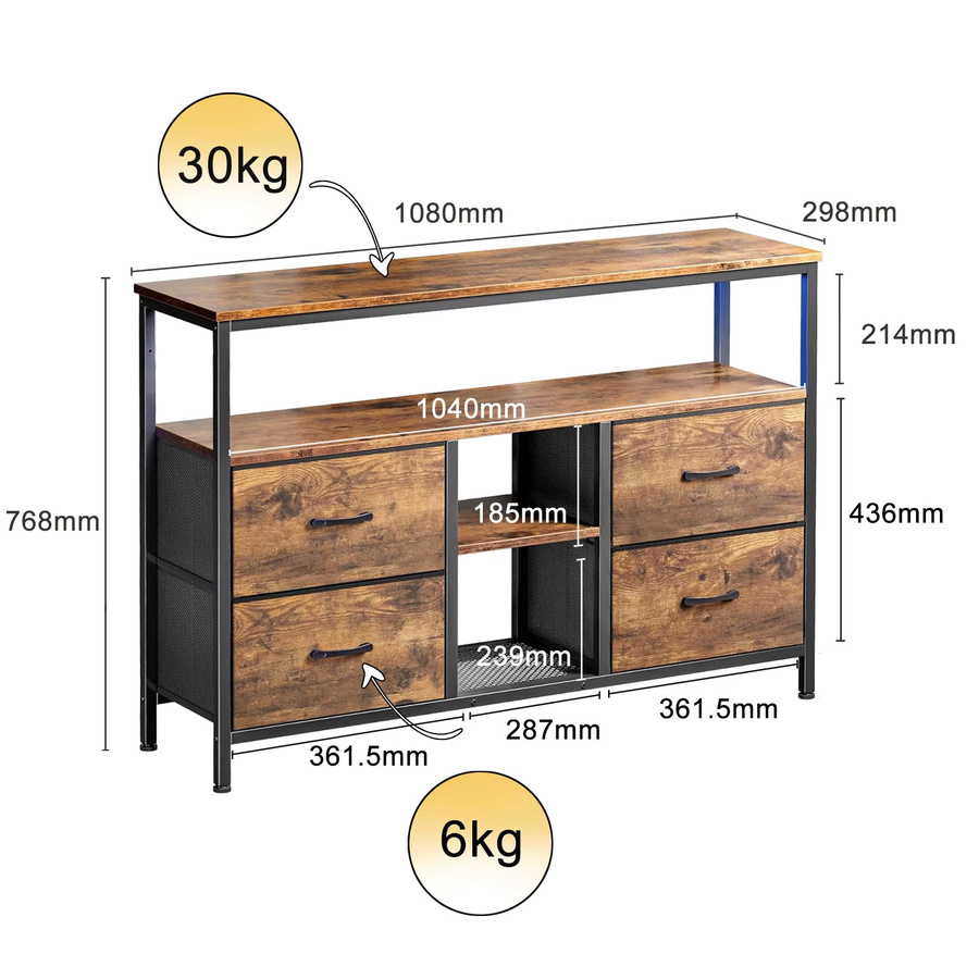 Anajqaqia TV-Schrank im Vintage-Design mit LED-Beleuchtung und 4 Stoffschubladen, Sideboard für Wohnzimmer und Eingangsbereich, B/T/H: 108 x 30 x 76,8 cm - Bild 2