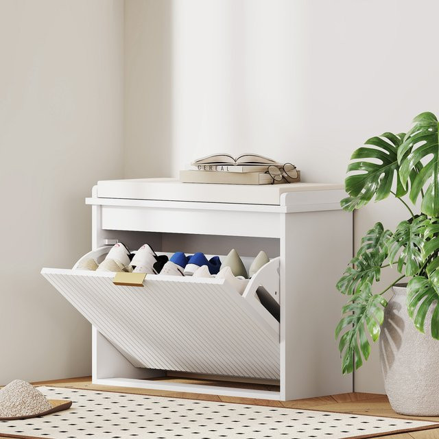 Svintora Schuhschrank in Weiß mit gepolsterter Sitzbank und Klappdeckel für Flur, Wohnzimmer oder Schlafzimmer - Bild 1