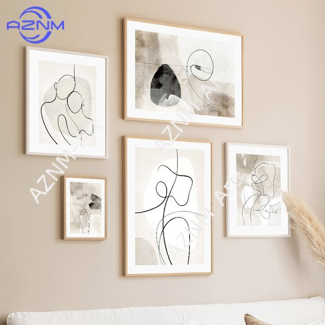 KAYOU Abstrakte Leinwandgemälde Set aus 2 Teilen mit Blumen und Körperlinien in Beige zur Wanddekoration für Wohnzimmer oder Hotel - Bild 1