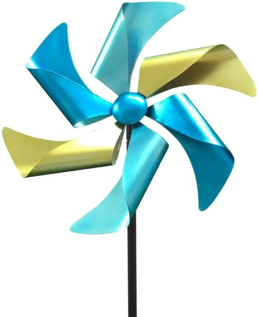 Lex Windrad Windspiel aus Metall als Gartendeko mit Erdspieß in Petrol, Blau und Gelb - Bild 1