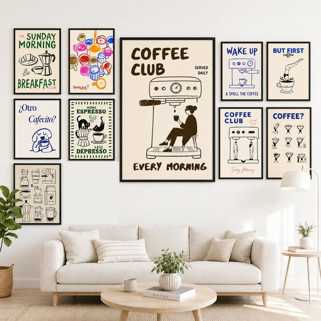 CoffeeClub Vintage Coffee ArtPrint Wanddeko mit Barista und Espressomaschine Design, Mehrfarbig - Bild 1