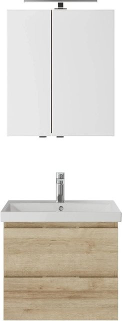 Pelipal Badmöbel-Set Serie 4035 3-teilig grifflos in Riviera Eiche mit Waschtisch, Waschtischunterschrank und Spiegelschrank mit LED-Beleuchtung und Steckdose - Bild 1