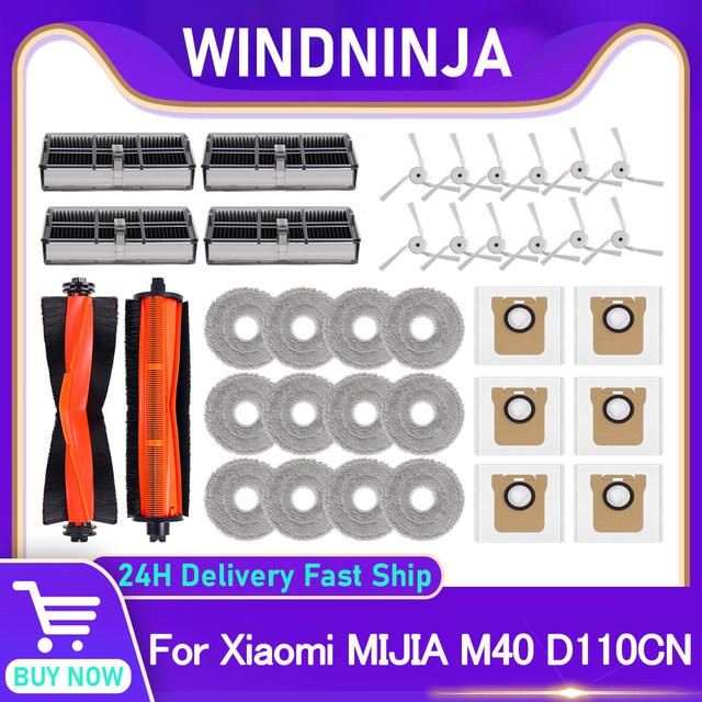 WINDNINJA Ersatzteil-Set für Xiaomi Mijia M40 D110CN Roboter-Staubsauger mit Wischtuch, Hepa-Filter, Staubbeutel sowie Haupt- und Seitenbürste in Multicolor - Bild 1