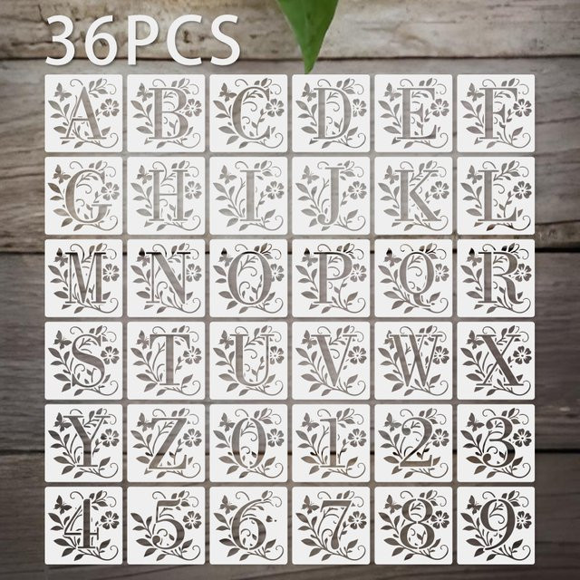 36-teiliges Schablonen-Set mit floralem Alphabet und Zahlen aus PET für Scrapbooking und Kartenherstellung, Größe: 10 x 10 cm - Bild 1