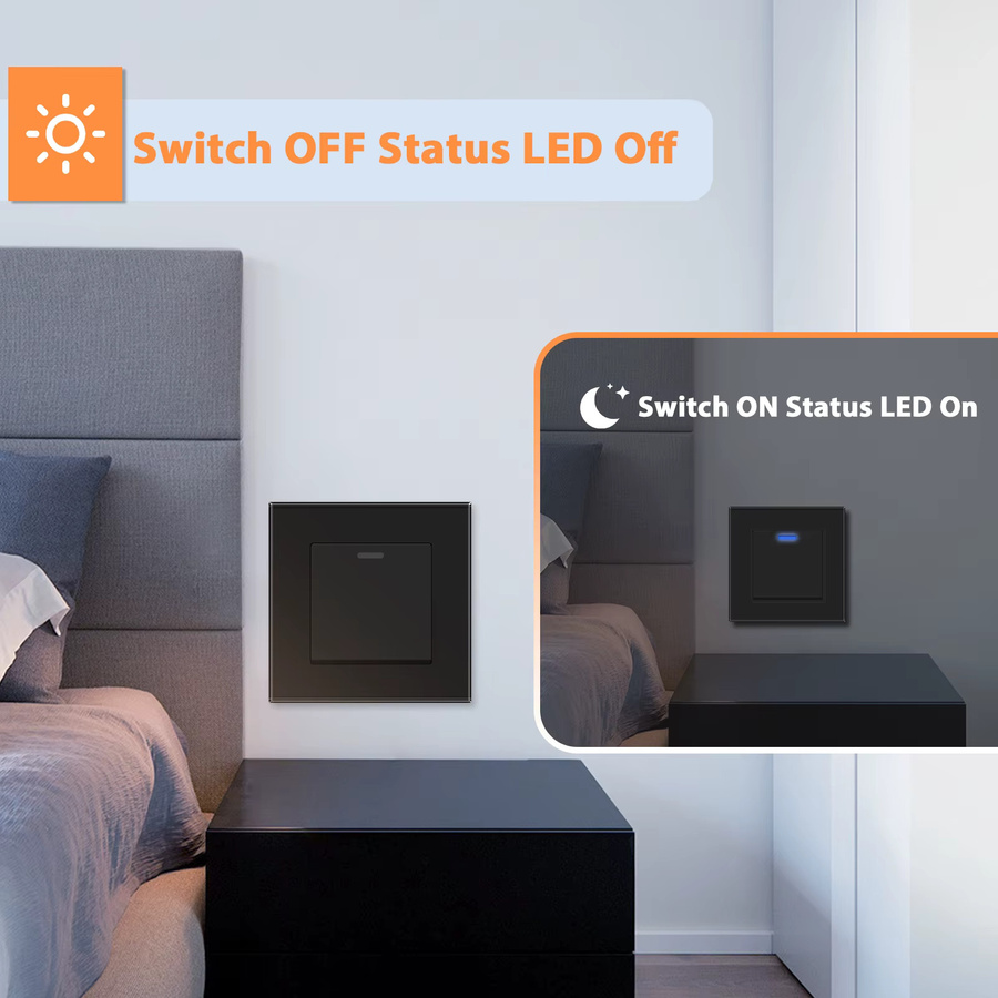 Bseed Wandlichtschalter mit Glasscheibe, 1-fach Kippschalter, Schwarz, 10A 250V - Bild 2