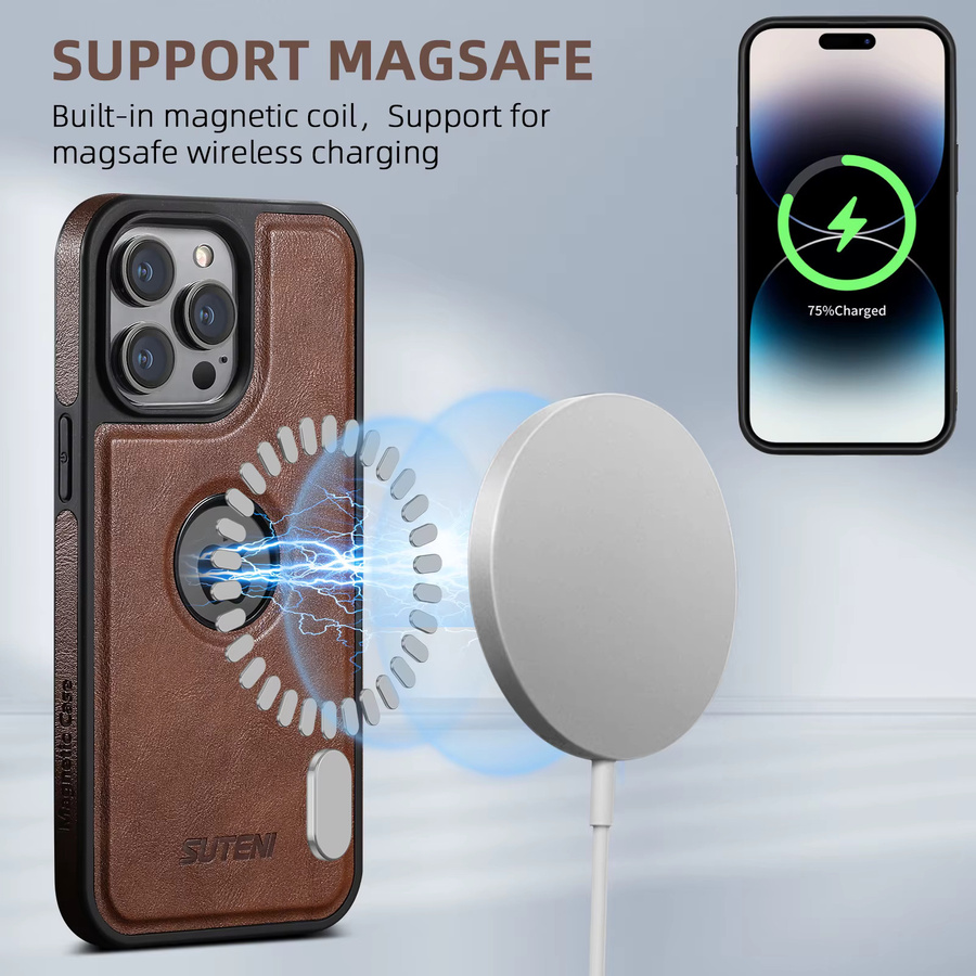 SUTENI Magnetische Kunstleder Handyhülle mit kabelloser Ladefunktion für iPhone 17 Pro Max 16 Plus 15 14 13 12 in Braun - Bild 4