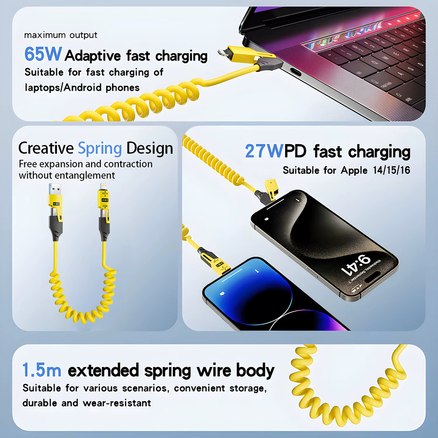 65 W 4-in-1 Schnellladegerät mit Teleskop-Feder-USB-Kabel in Gelb, 6 A, USB Typ C für iPhone, iPad, MacBook und Huawei - Bild 3