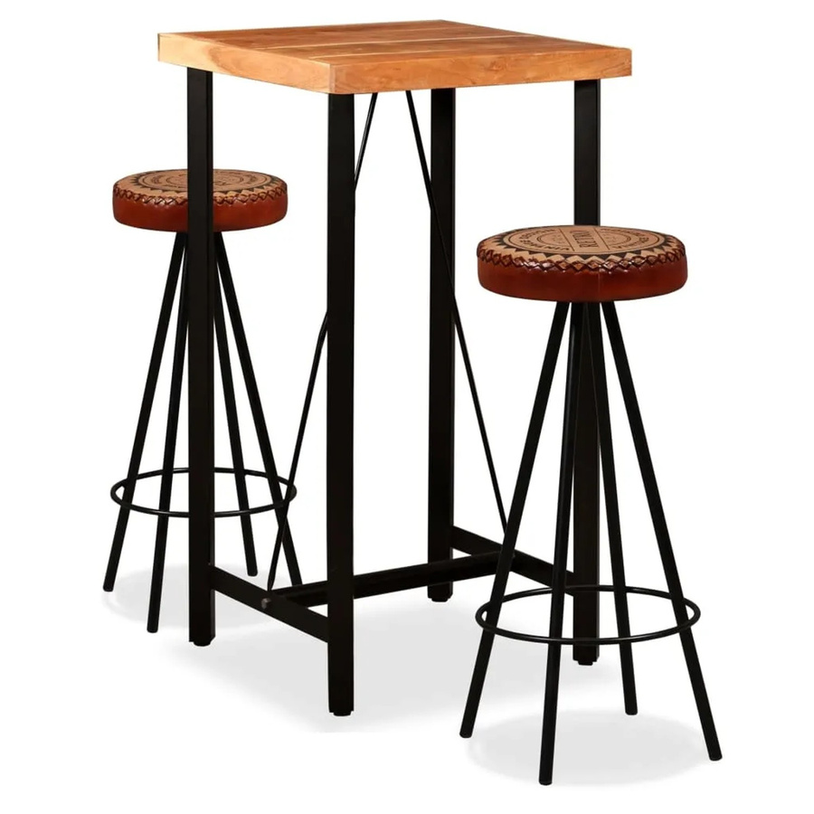 vidaXL Bar-Set 3-tlg im Industrie-Look aus Akazienholz mit Echtleder und Canvas in Braun - Bild 2