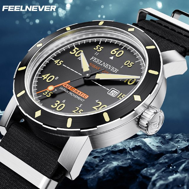Feelnever Armbanduhr Automatik, Saphirglas, Textil/NATO, Herren, Schwarz - Bild 1
