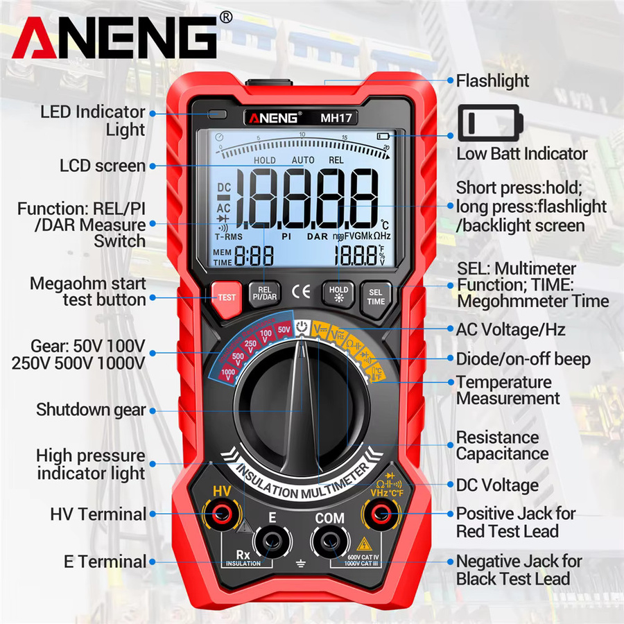ANENG 2-in-1 Isolationswiderstandsmessgerät und digitales Multimeter MH17 mit True RMS und wiederaufladbarem Akku für AC/DC Spannung - Bild 5