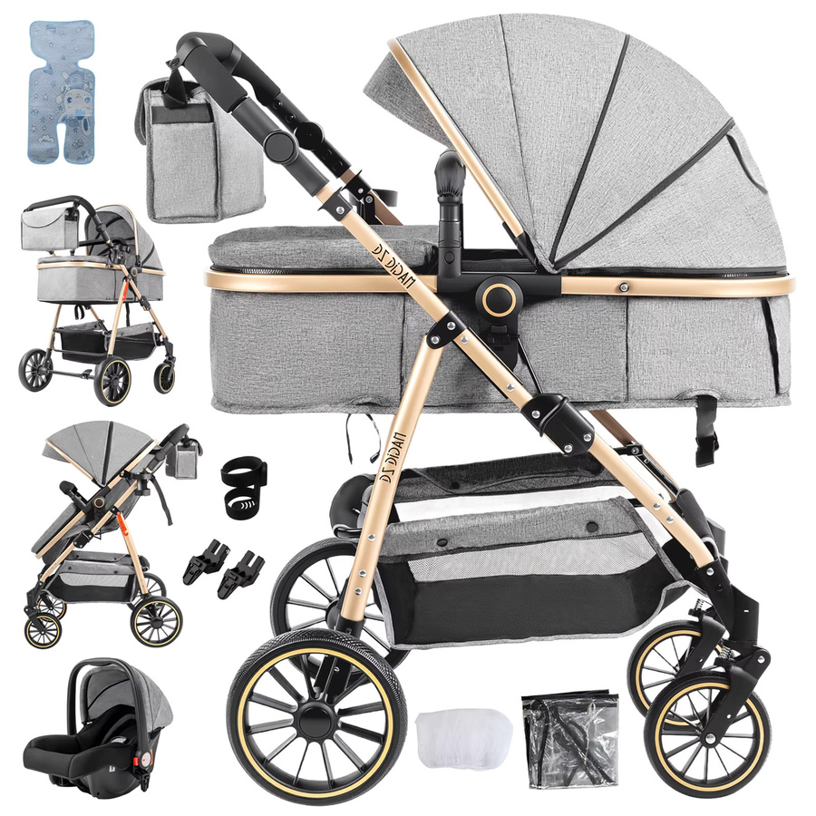 3-in-1 Luxus Baby-Kinderwagen für Neugeborene mit Babygeschirr und Carrycot in Grau und Schwarz - Bild 9